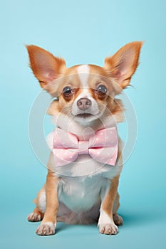 Cute Chihuahua dog with bowtie on pastel blue background