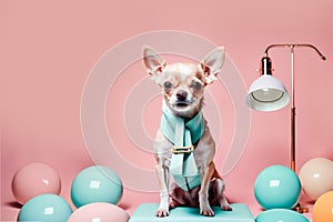 Cute Chihuahua dog in luxe modern interior with colors balls. Copy space. Adorable puppy. Advertisement, banner, poster, postcard