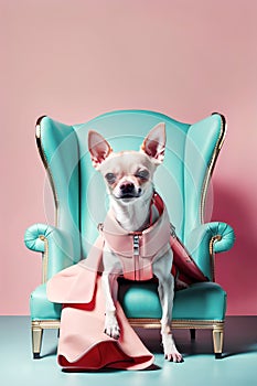 Cute Chihuahua dog in luxe modern interior on a turquoize luxe chair. Copy space. Adorable puppy. Advertisement, banner, poster,