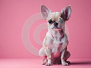 cute chihuahua dog sit on studio pastel pink background. ai generative