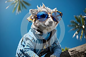 Cute chihuahua dog wearing sunglasses with blue sky background