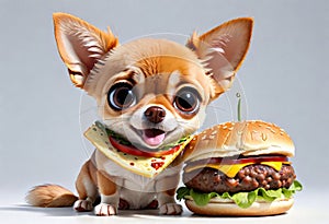 Cute chihuahua puppy eating a hamburger. 3D Puppy eats fast food