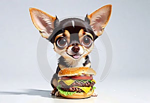 Cute chihuahua puppy eating a hamburger. 3D Puppy eats fast food