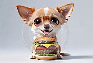 Cute chihuahua puppy eating a hamburger. 3D Puppy eats fast food