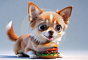 Cute chihuahua puppy eating a hamburger. 3D Puppy eats fast food