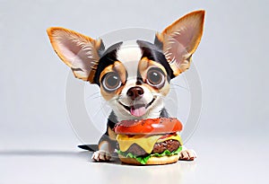 Cute chihuahua puppy eating a hamburger. 3D Puppy eats fast food