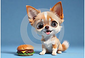 Cute chihuahua puppy eating a hamburger. 3D Puppy eats fast food