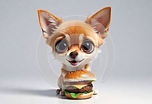 Cute chihuahua puppy eating a hamburger. 3D Puppy eats fast food