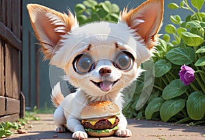 Cute chihuahua puppy eating a hamburger. 3D Puppy eats fast food