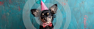 Cute Chihuahuas Celebrating Sylvester\'s Birthday and New Year\'s Eve with a Funny Greeting Card on Blue Wall Texture