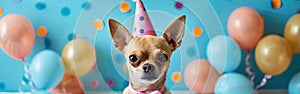 Cute Chihuahuas Celebrating Sylvester\'s Birthday and New Year\'s Eve with a Funny Greeting Card on Blue Wall Texture