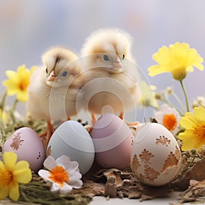 cute chiken and easter egg with spring flowers