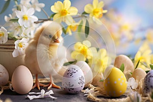 cute chiken and easter egg with spring flowers