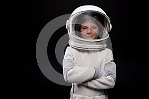 Cute child astronaut is posing confidently