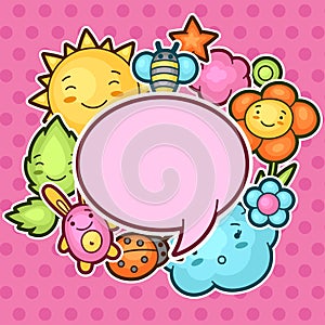 Cute child background with kawaii doodles. Spring collection of cheerful cartoon characters sun, cloud, flower, leaf