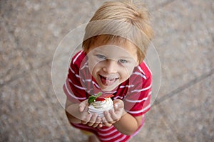 Cute child, boy, eating small cupcake of Pavlova desert, light egg and sugar desert with cream and strawberries