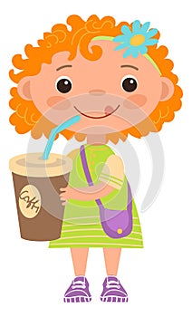 Cute child drink from plastic cup. Happy girl character