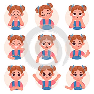 Cute child girl avatar facial emotions and feelings. Little kid face emoji with angry, sad, happy, shock and question