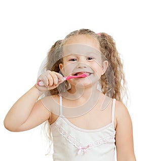 Cute child girl brushing teeth isolated