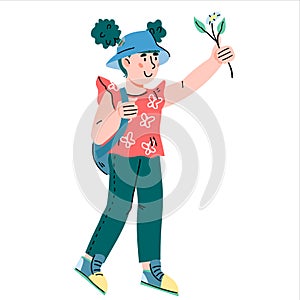 Cute child girl the little explorer, traveler ready for adventure, vector isolated.