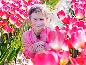 Cute child girl with long hair smelling tulip flower on tulip fields in Amsterdam region, Holland, Netherlands