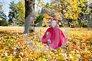 Cute child girl playing with fallen leaves in autumn