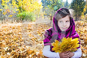 Cute child girl playing with fallen leaves in autumn