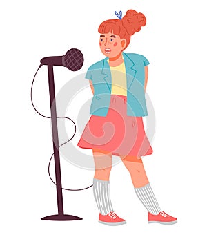 Cute child girl singing. Children music and vocal education, flat vector isolated