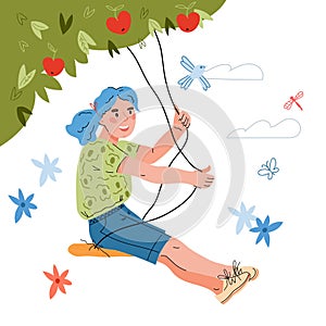 Cute child girl on swing under tree, flat vector illustration isolated.
