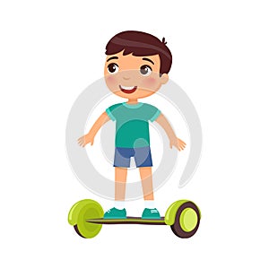 Cute child with gyroscooter flat vector illustration photo