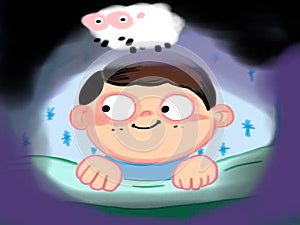 Cute child in his bed want to sleep and jumping sheeps movie