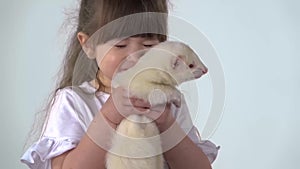 Cute child holding albinos ferret furo with red eyes at white background. Happy childhood concept. Slow motion. Close up