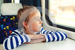 Cute child looking out the train window. Little boy is traveling on the train. Kid travels on a train