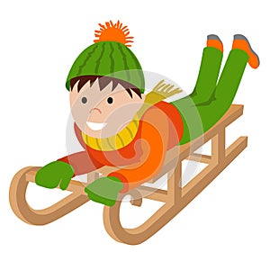 Cute child on snow sledding. Vector illustration isolated white background photo