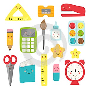 Cute childish Back to School supplies as smiling cartoon characters