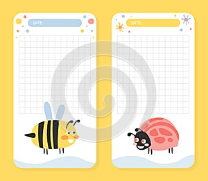 Cute Childish Checkered Organizer Sheets Set. Note Paper, Notebook, Planning Pages for Kids with Cute Funny Insects