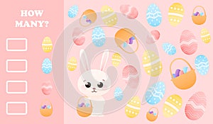 Cute childish educational riddle with easter bunny holding basket with eggs, painted eggs on pink background,