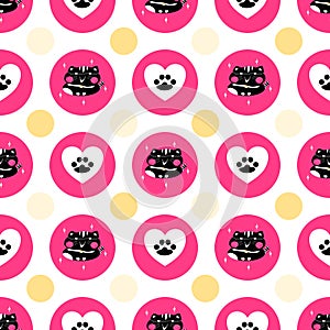 cute childish fat black tabby cat wearing eyeglasses and paw in love heart pink bright circle seamless pattern