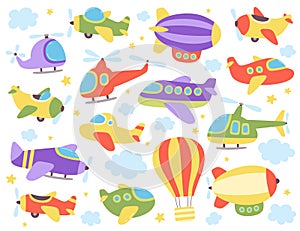Cute childish air transport set, airplane, airship, zeppelin, air-hot balloon vector illustration