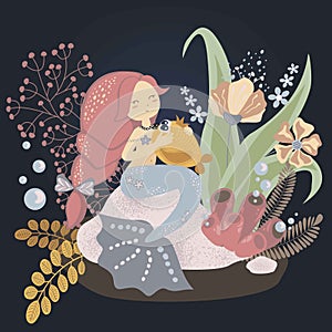 Cute childish illustration: little mermaid with a fish. Vector graphics