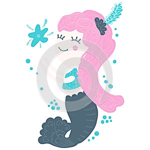 Cute childish illustration of a little smiling little mermaid girl with pink hair catching a starfish on a white background. For n