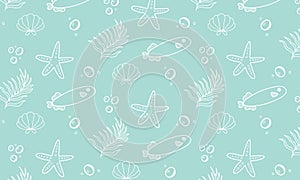 Cute childish marine pattern with fish, starfish, algae, shells on a turquoise background