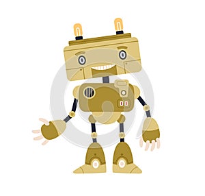 Cute childish robot toy in old retro style. Funny kids bot with smiling face, gesturing hi. Portrait of friendly