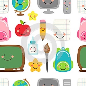 Cute childish seamless pattern Back to School supplies as smiling cartoon characters
