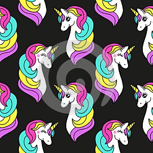 Cute childish seamless pattern with cartoon character of magic unicorn