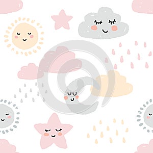 Cute childish seamless pattern in delicate pastel colors. Sleeping sun, cloud, moon and star. Ornament for wrapping
