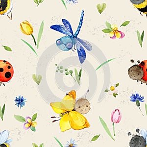 Cute childish seamless pattern with hand drawn cartoon Butterfly. Background with butterflies for kids. Watercolor illustration