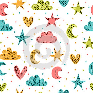 Cute childish seamless pattern with hand drawn design elements. Background in scandinavian style with stars, moon, hearts and clou