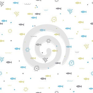 Cute childish seamless pattern. Hand drawn funny little fish. Marine background. Kids texture. Sea, ocean