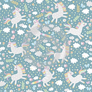 Cute childish seamless pattern with happy unicorns, butterflies, flowers and leaves, clouds with stars.